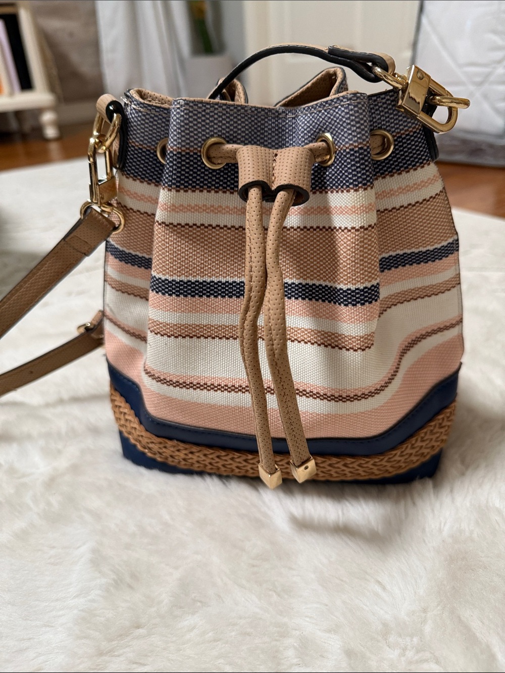 Parfois Striped Canvas Drawstring Bucket Bag in Beige & Navy